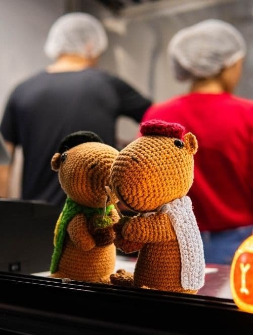Handmade crochet capybara mascots displayed at the food truck counter.